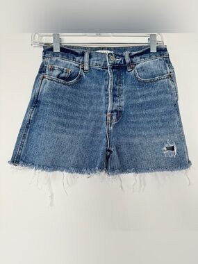 PacSun Baggy Denim Shorts Blue Distressed Button Fly Raw Hem High-Rise Sz 25